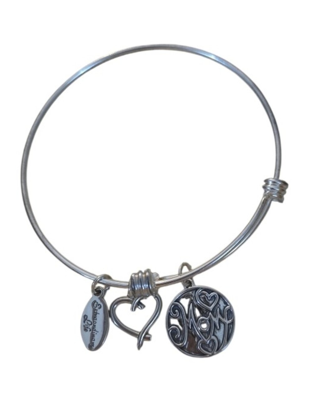 Sterling Silver Charm Bangle with Heart & Mom Disc Charms